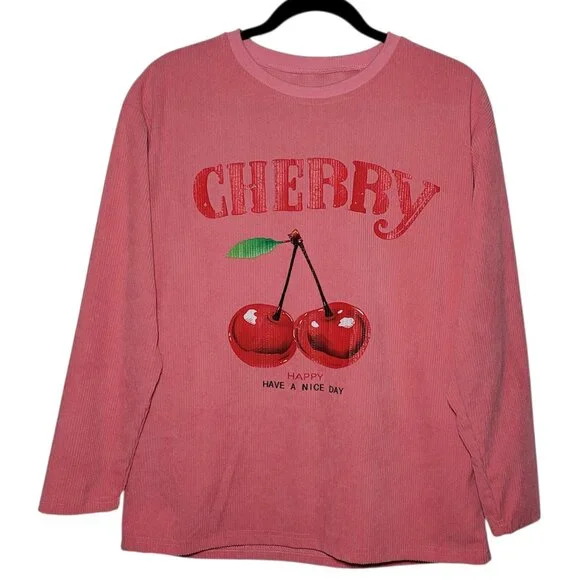 SHEIN Cherry Graphic Long Sleeve Corduroy Top Pink Pullover Drop Shoulder Small - Picture 3 of 8